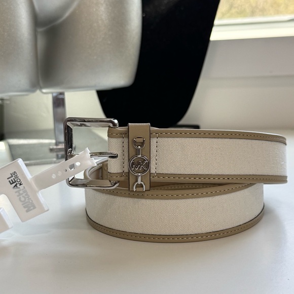 MICHAEL Michael Kors Accessories - Michael Kors Cream Canvas Belt with Tan Trim and Silver-Tone MK Accent